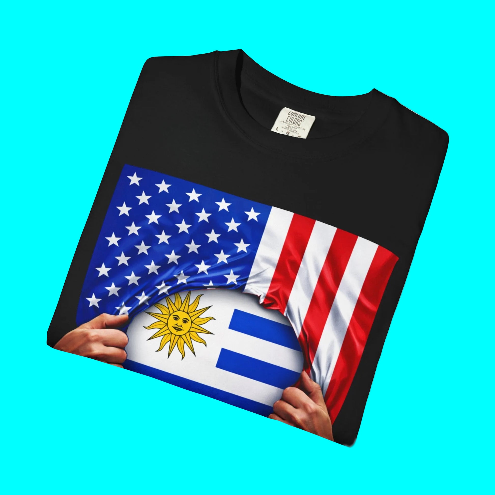 Black t-shirt with American and Uruguayan flags on a white background