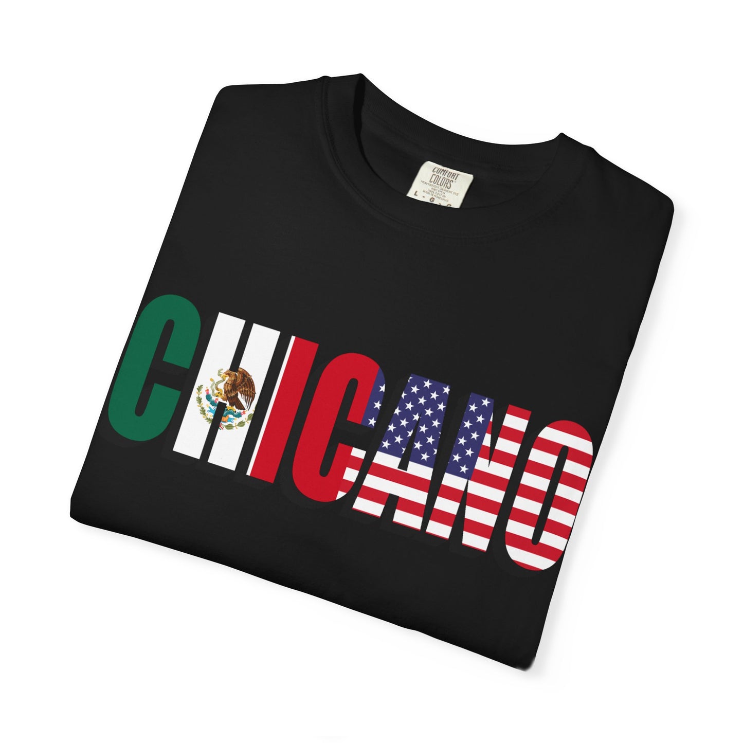 Black t-shirt with 'Chicano' design featuring Mexican and American flags on a white background