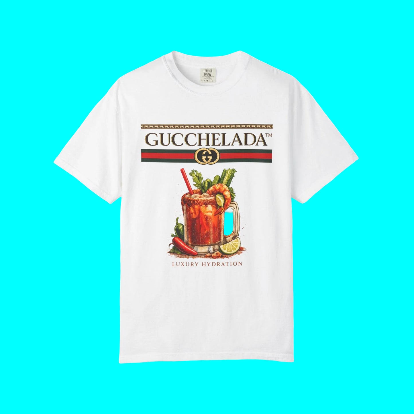 White t-shirt with Guccielada mocktail graphic on a white background