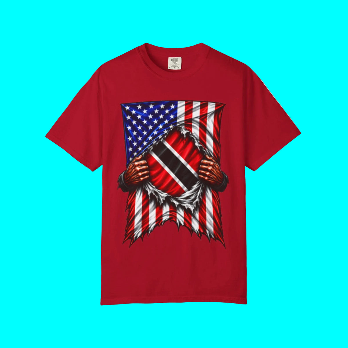 A red short-sleeve crewneck t-shirt featuring a graphic print of a torn American flag revealing a black, red, and white striped flag with two brown hands tearing it, displayed on a clean white background.