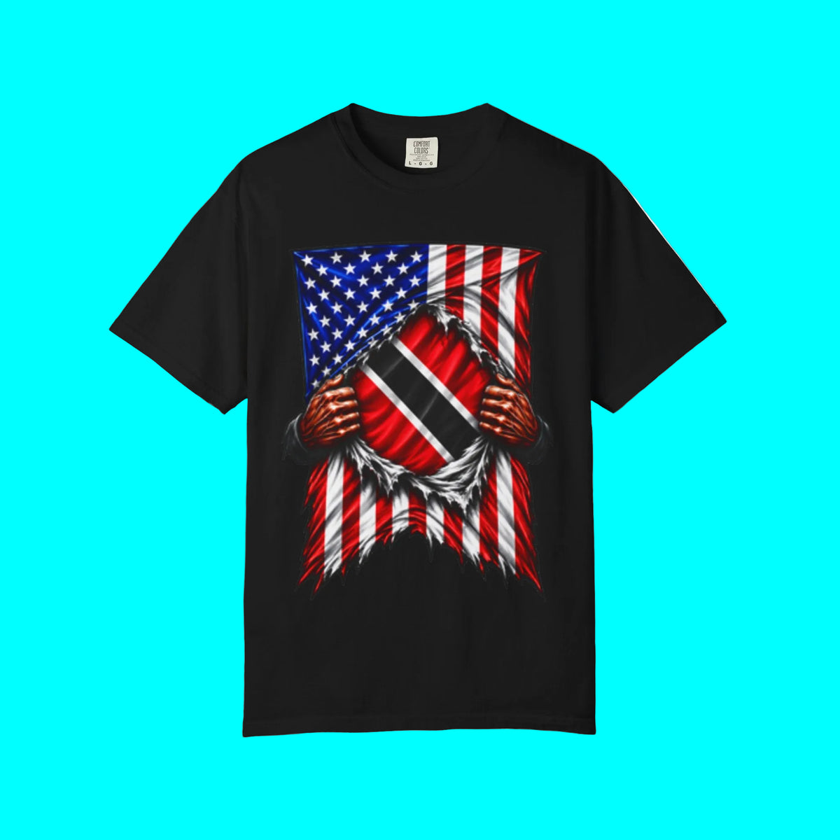 A black short-sleeve crewneck t-shirt featuring a graphic print of the flag of Norway with a torn-paper effect revealing red and white striped hands underneath, set against a plain white background.