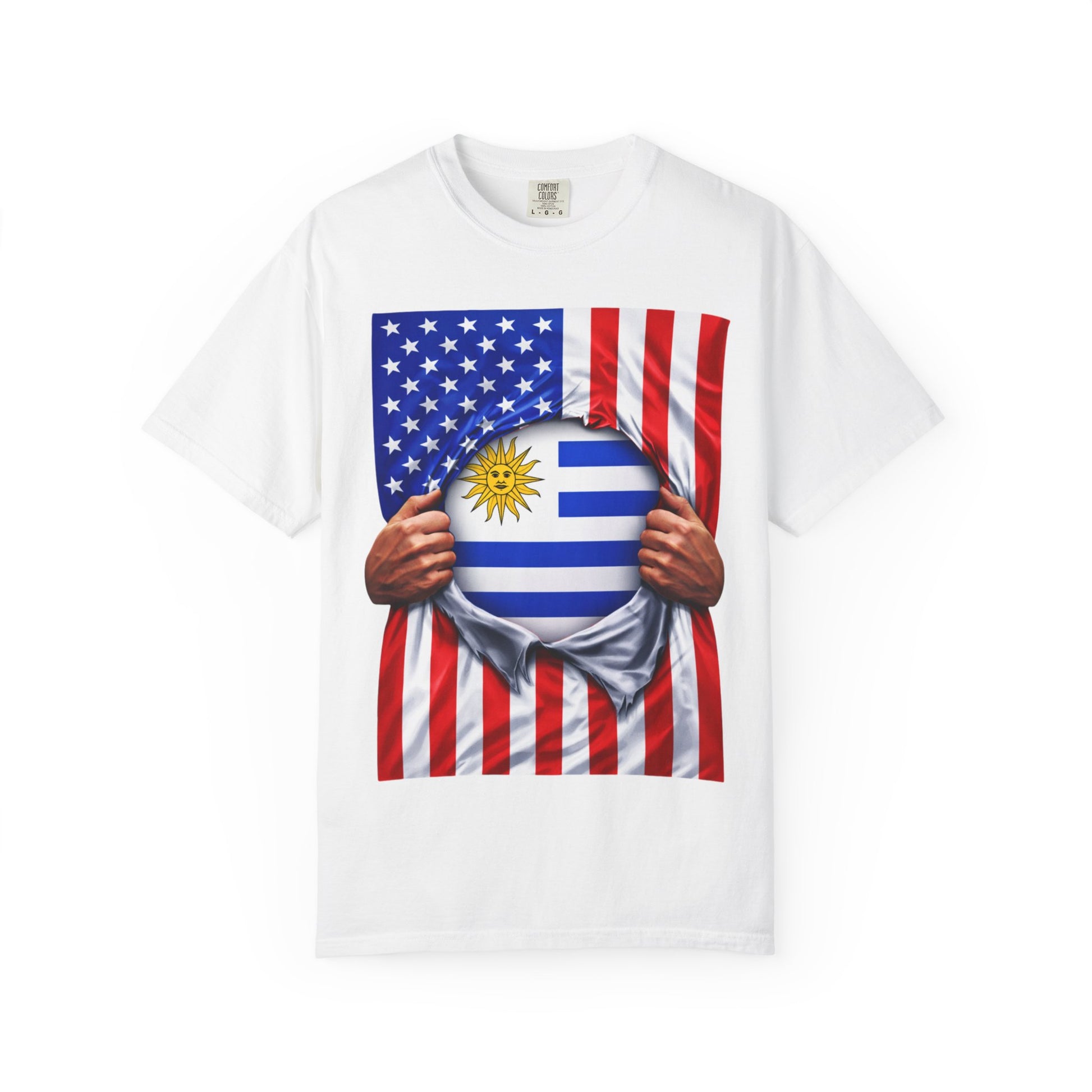 White t-shirt with a design of two flags, one American and one Uruguayan, on a white background.