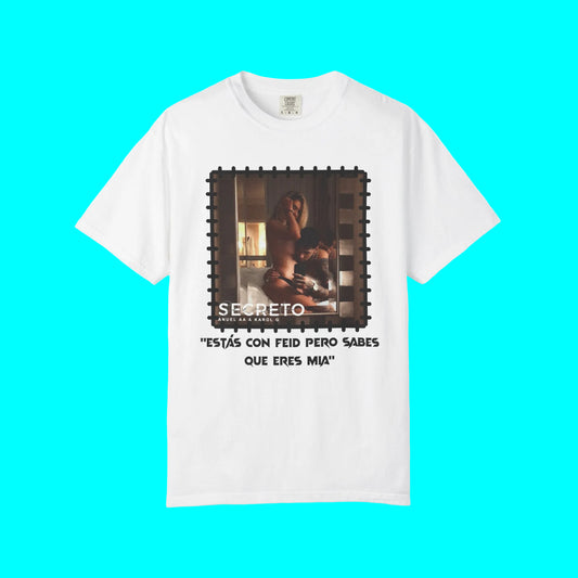 White t-shirt with graphic design and text on a white background