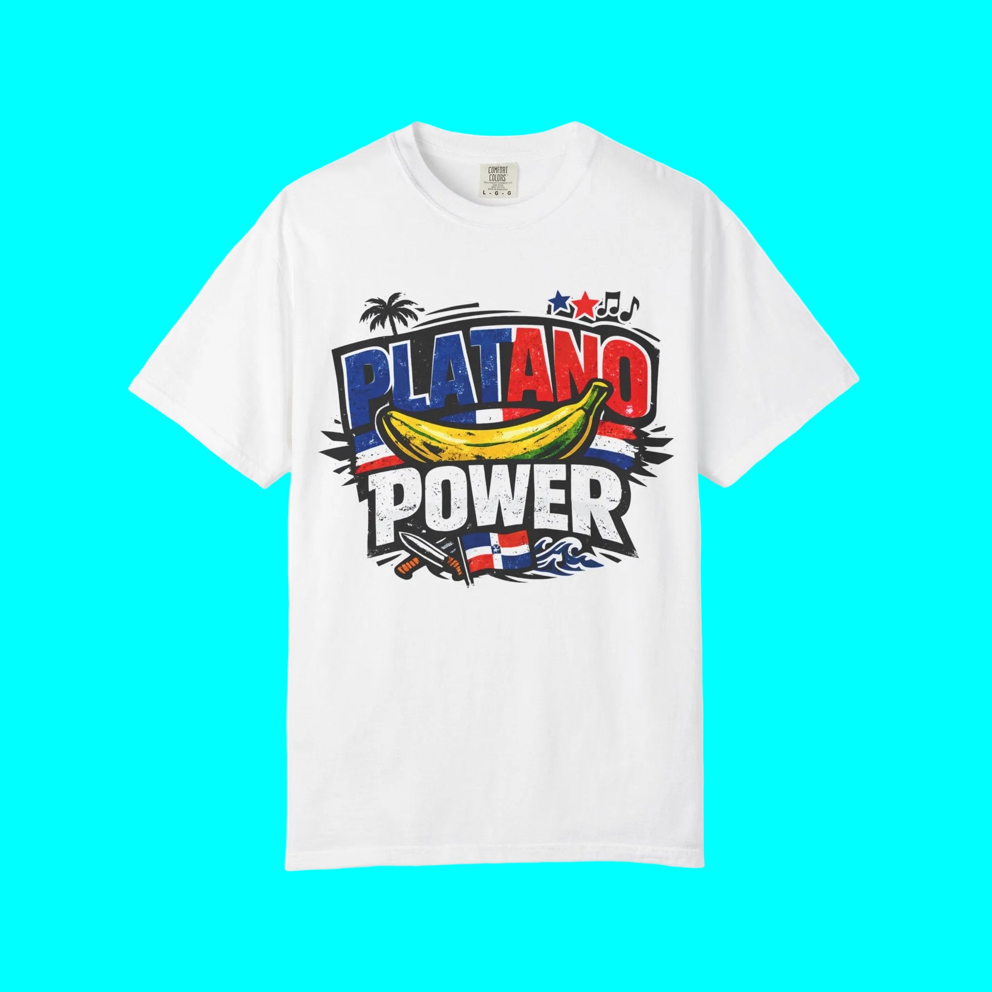 White t-shirt with 'Platano Power' graphic design featuring a banana on a white background