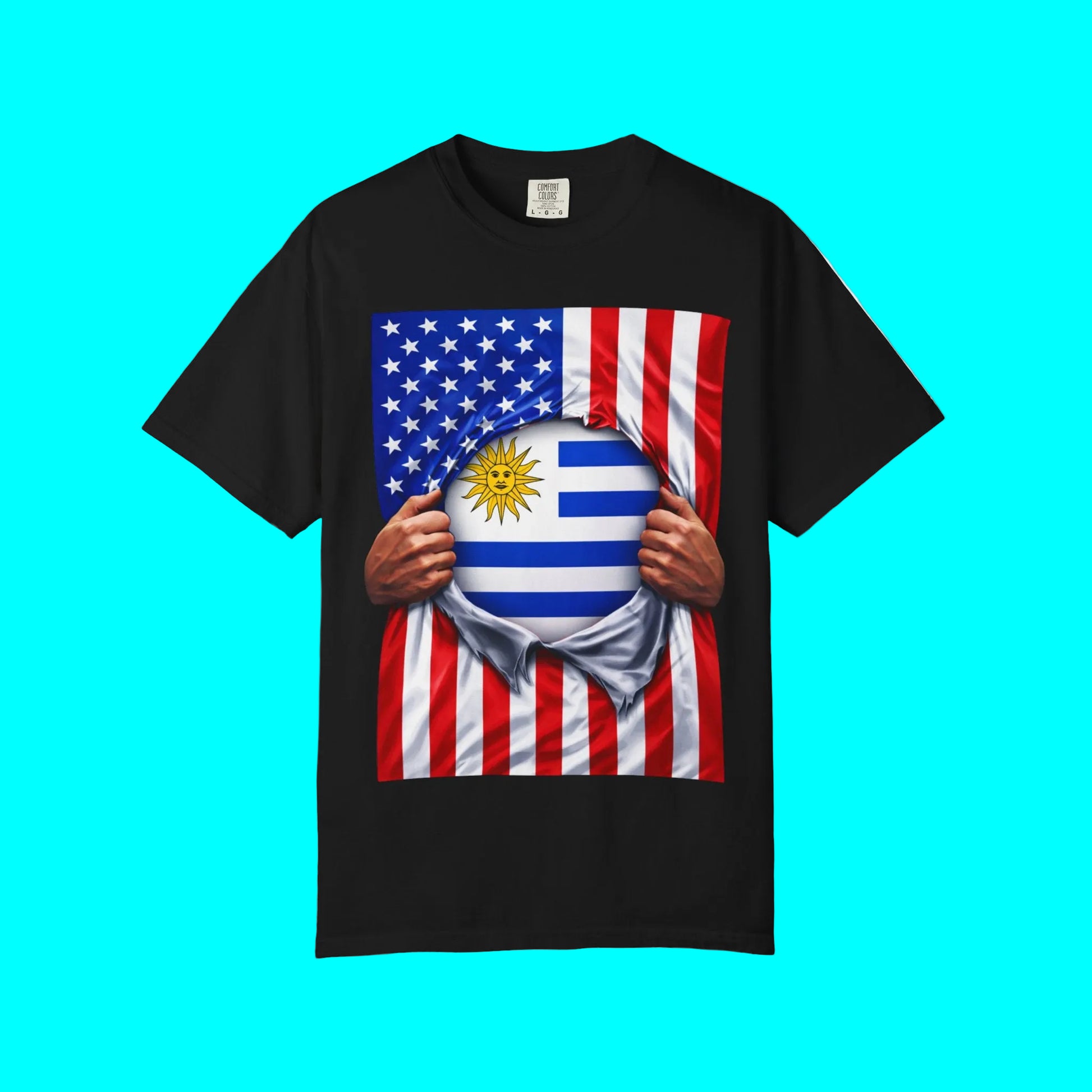 Black t-shirt with a design of two flags, one American and one Uruguayan, on a white background.