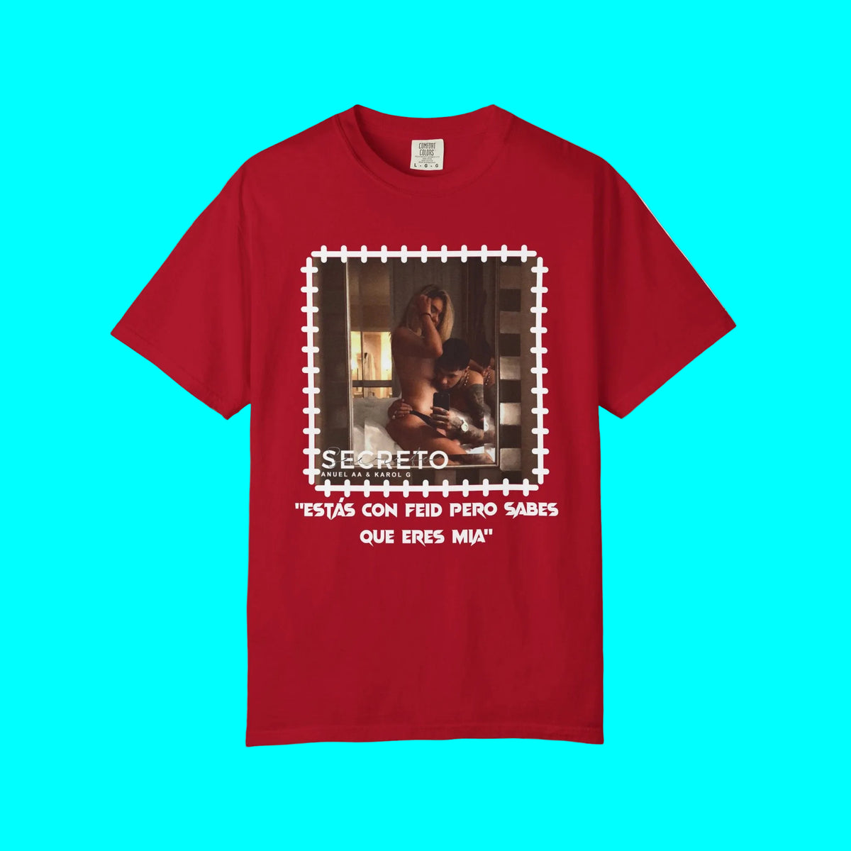 Red t-shirt with graphic design and text on a white background