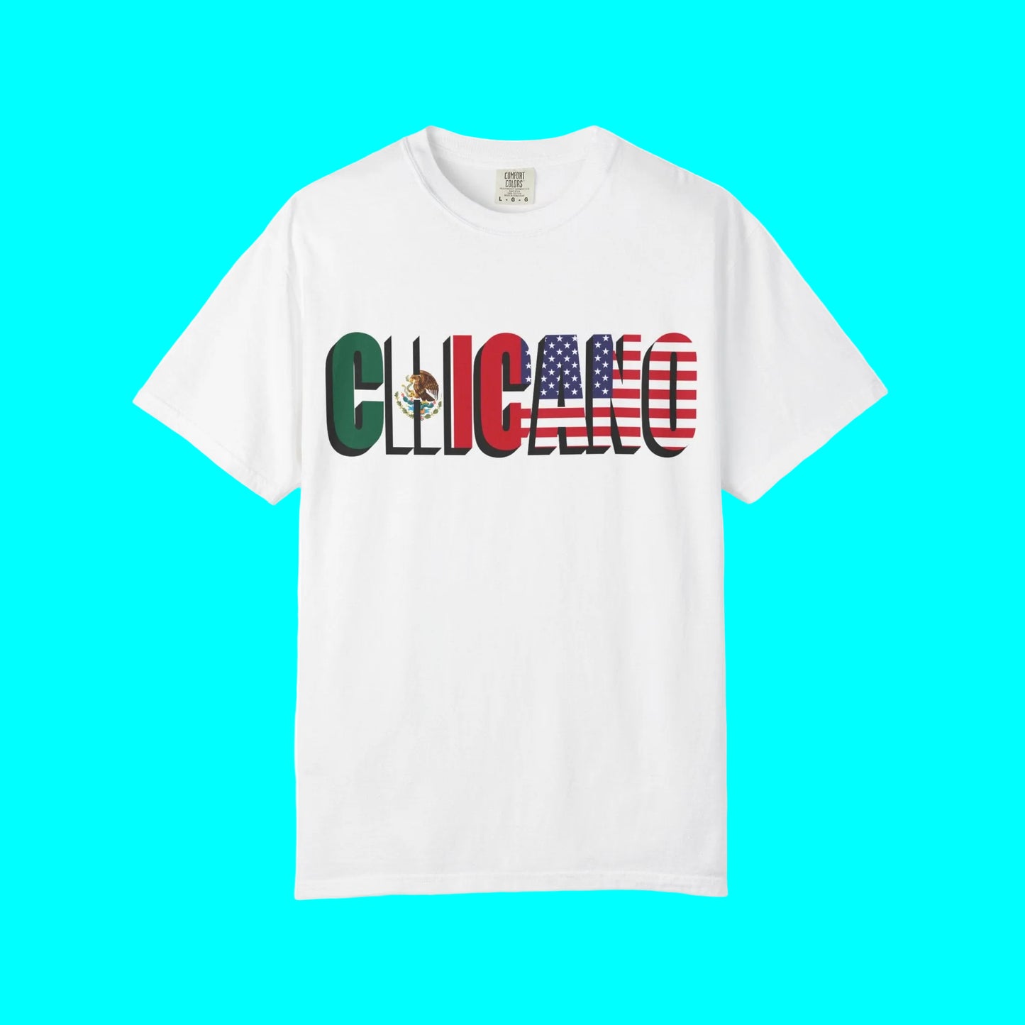 White t-shirt with 'Chicano' text in colorful letters on a white background