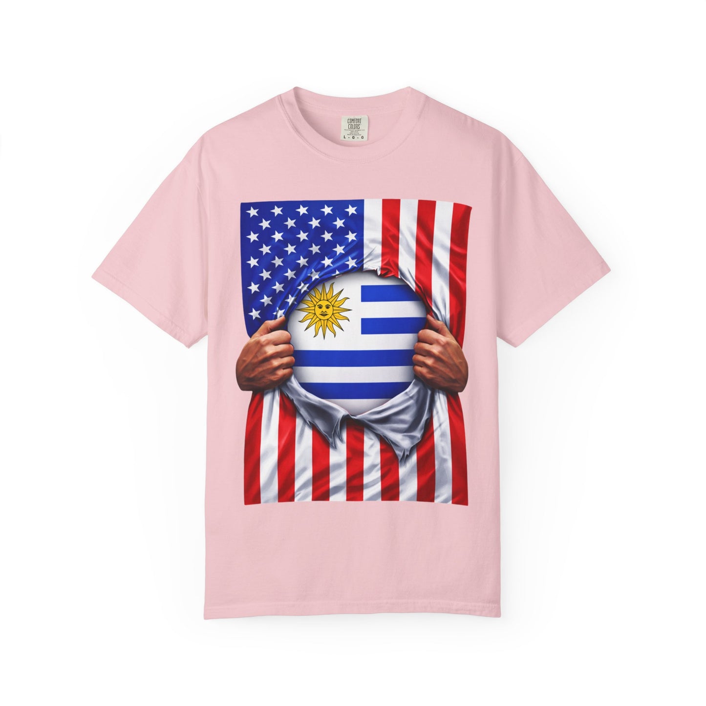 Pink t-shirt with a design of two flags inside a heart shape on a white background