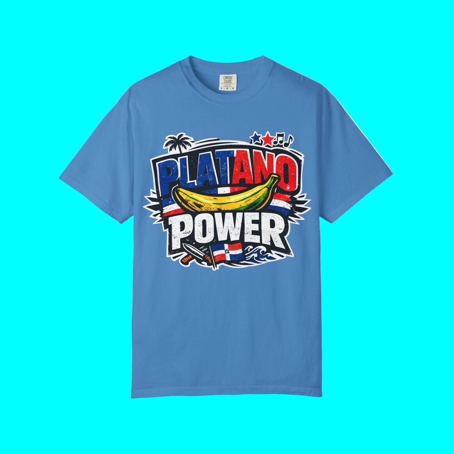 Blue t-shirt with 'Platano Power' graphic design on a white background