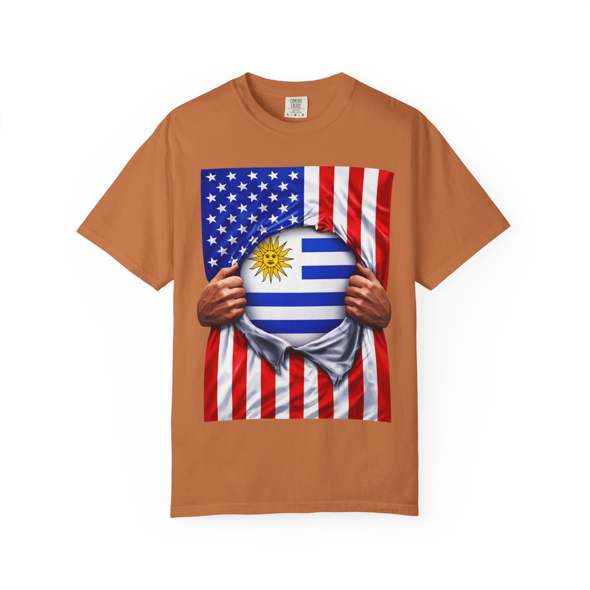 Brown t-shirt with a design of two flags, one American and one Uruguayan, on a white background.