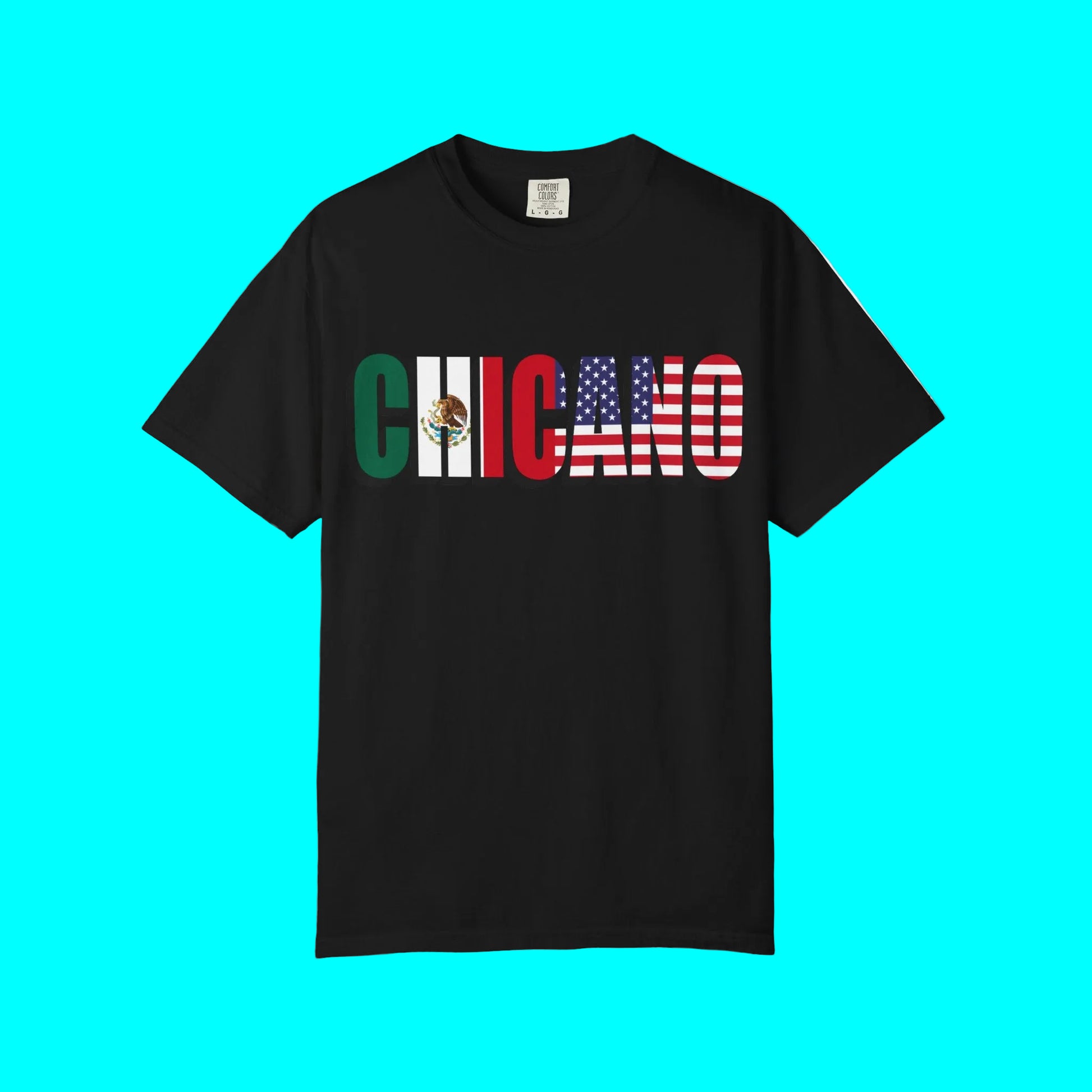 Black t-shirt with 'CHICANO' text in a flag design on a white background