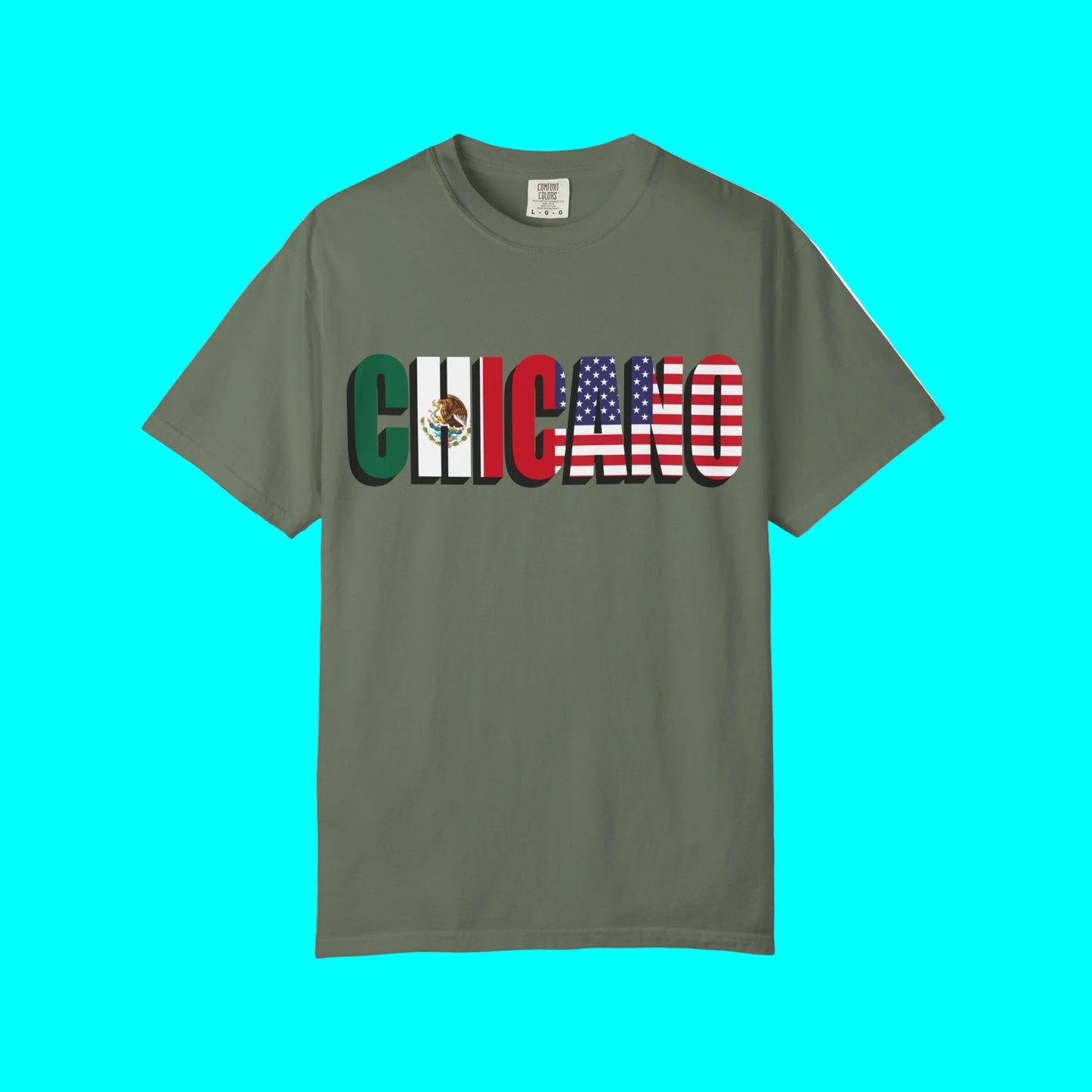 Green t-shirt with 'CHICANO' text in a flag design on a white background