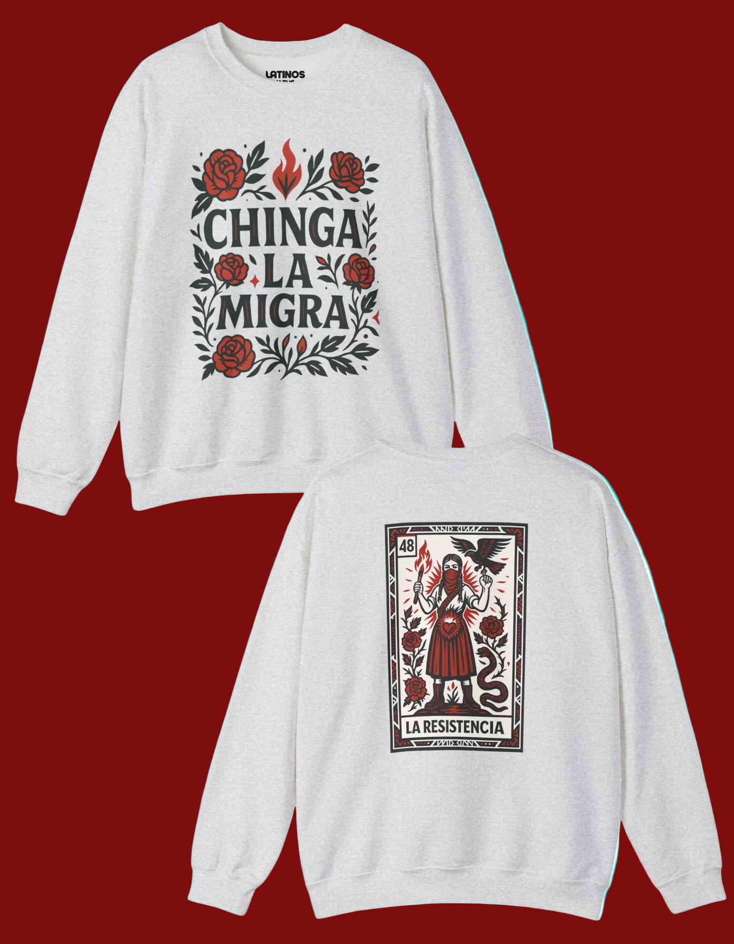 La Resistencia Double Sided Comfy Fleece-Lined Crewneck Sweatshirt | Chinga La Migra Protest Immigration Abolish Ice Justice | Latino Pride