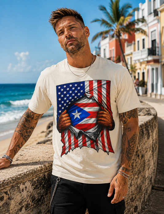 Puerto Rico Flag + USA Flag Heritage T-shirt | Puerto Rican + American Culture 4th Of July | Funny Viral Latino Tees | Heavyweight Cotton
