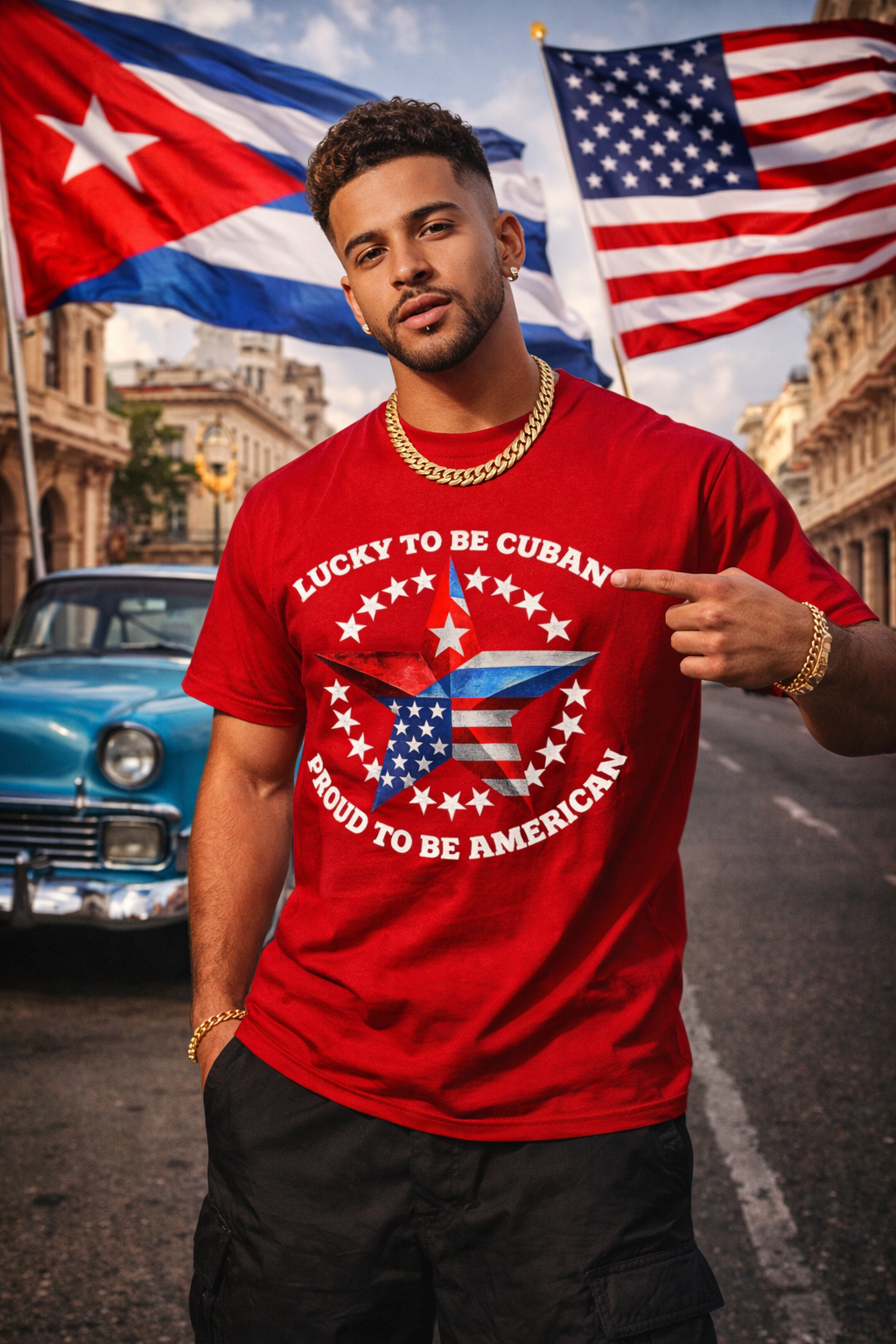 Lucky To Be Cuban, Proud To Be American T-shirt | Cuba USA Funny Latino Tees | Heavyweight Cotton