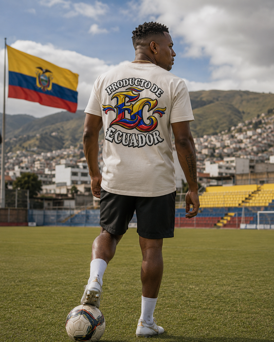 A man standing on a soccer field wearing a cream-colored t-shirt with a large colorful graphic on the back that reads 'PRODUCTOS ECUADOR' and 'ECUADOR'. An Ecuador flag is visible in the background, along with mountains, a stadium, and a soccer ball.