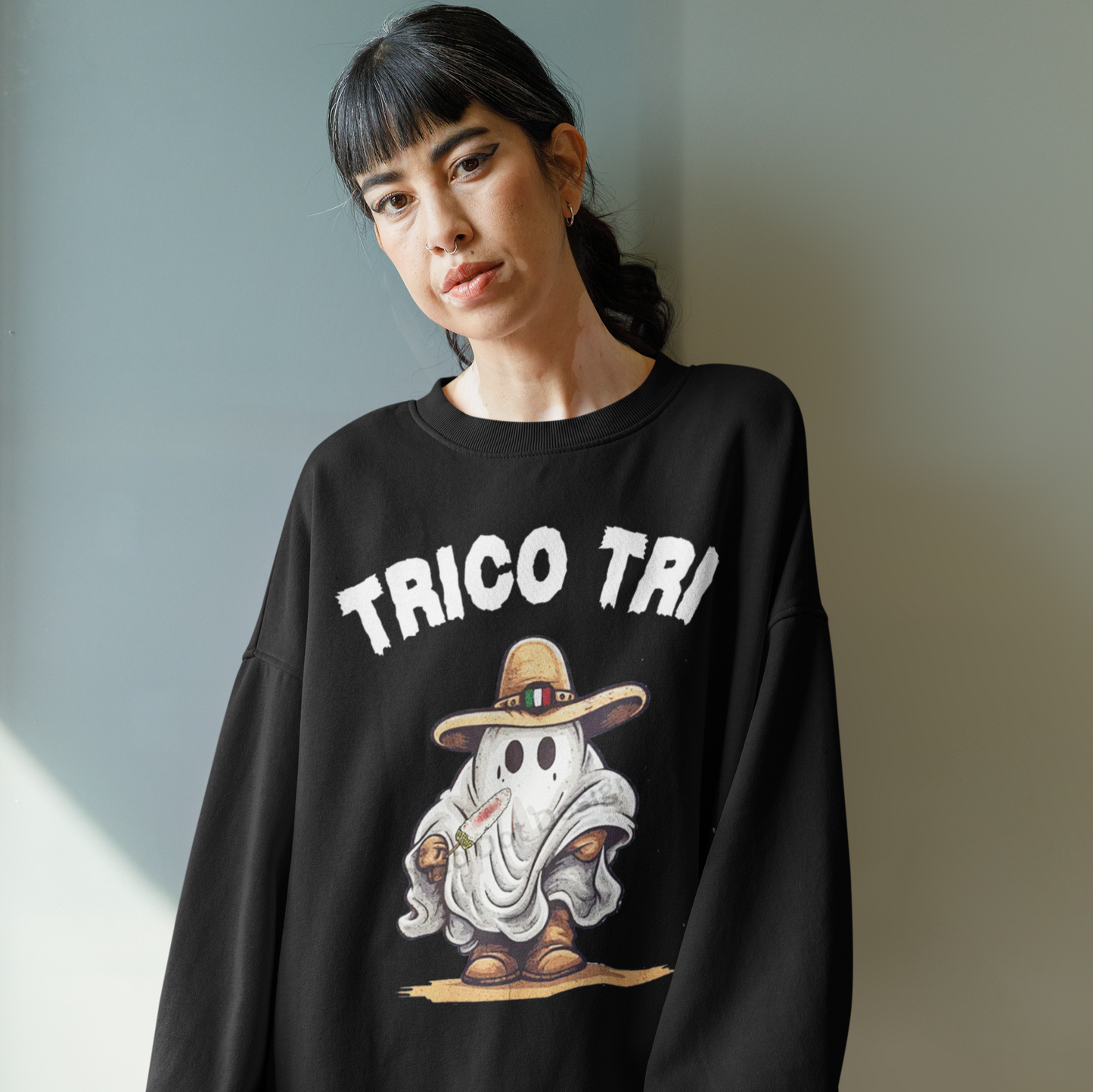 Trico Tri Latino Trick or Treat Spanglish Ghost Crewneck Sweater | Halloween, Boo Scary Spooky Horror Costume Latino | 3 Colors - Unisex