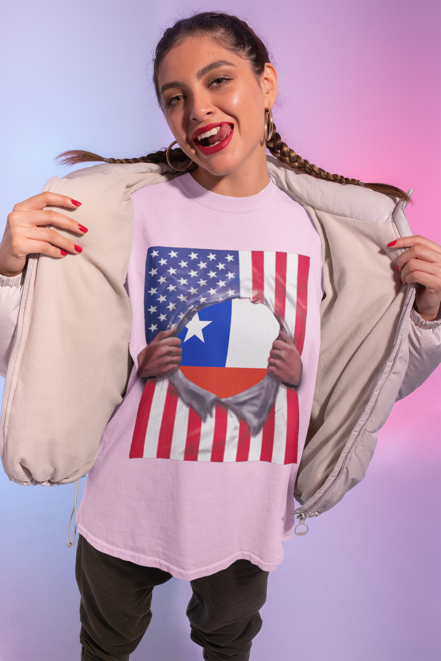 Chile Flag + USA Flag Pride T-shirt | Chilean + American Flag Rip 4th Of July | Funny Viral Latino Tees | Unisex - 4 Colors