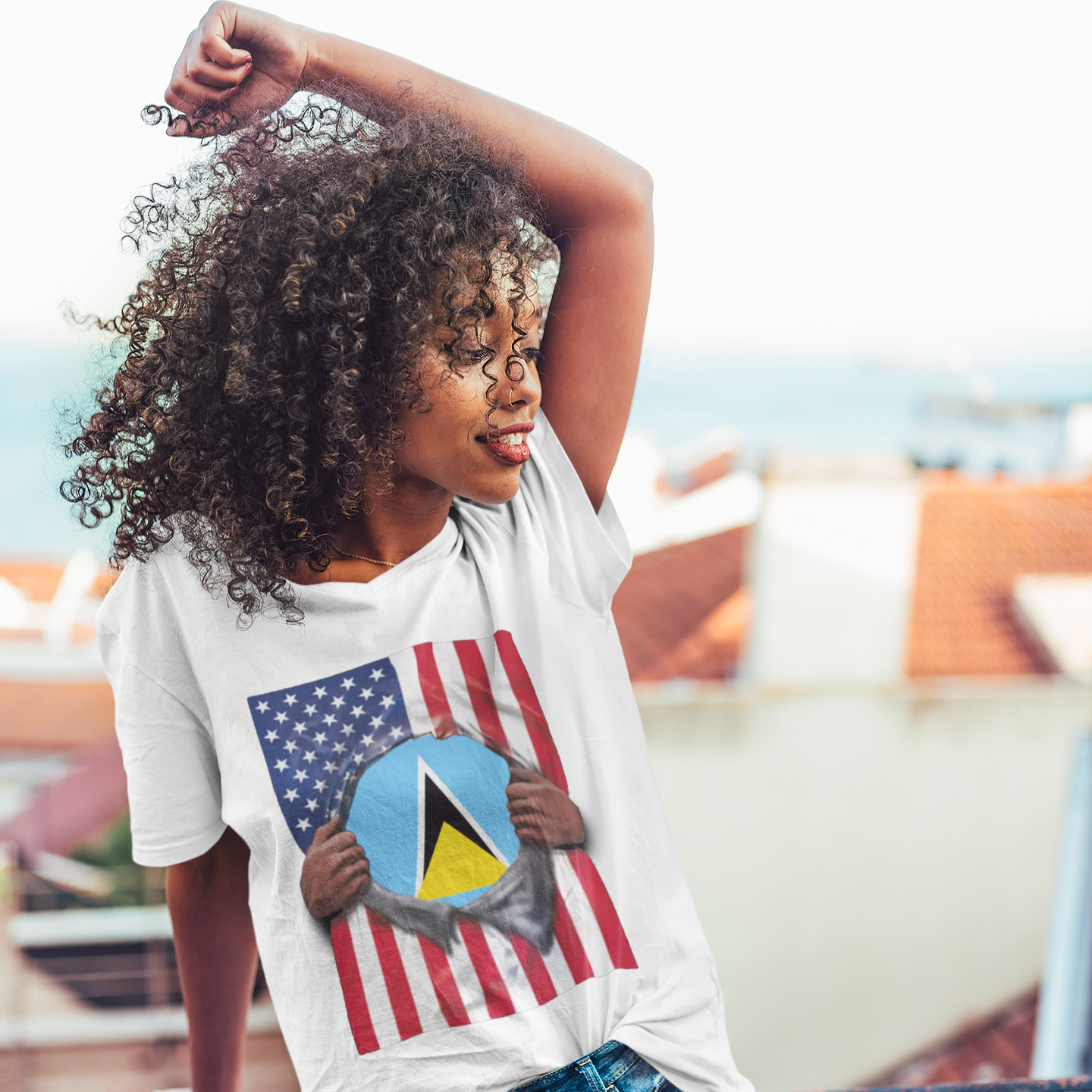 Saint Lucia + USA Flag T-shirt | St Lucian + American Flag Rip 4th Of July | Funny Latino Tees | 4 Colors