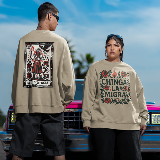 La Resistencia Double Sided Comfy Fleece-Lined Crewneck Sweatshirt | Chinga La Migra Protest Immigration Abolish Ice Justice | Latino Pride