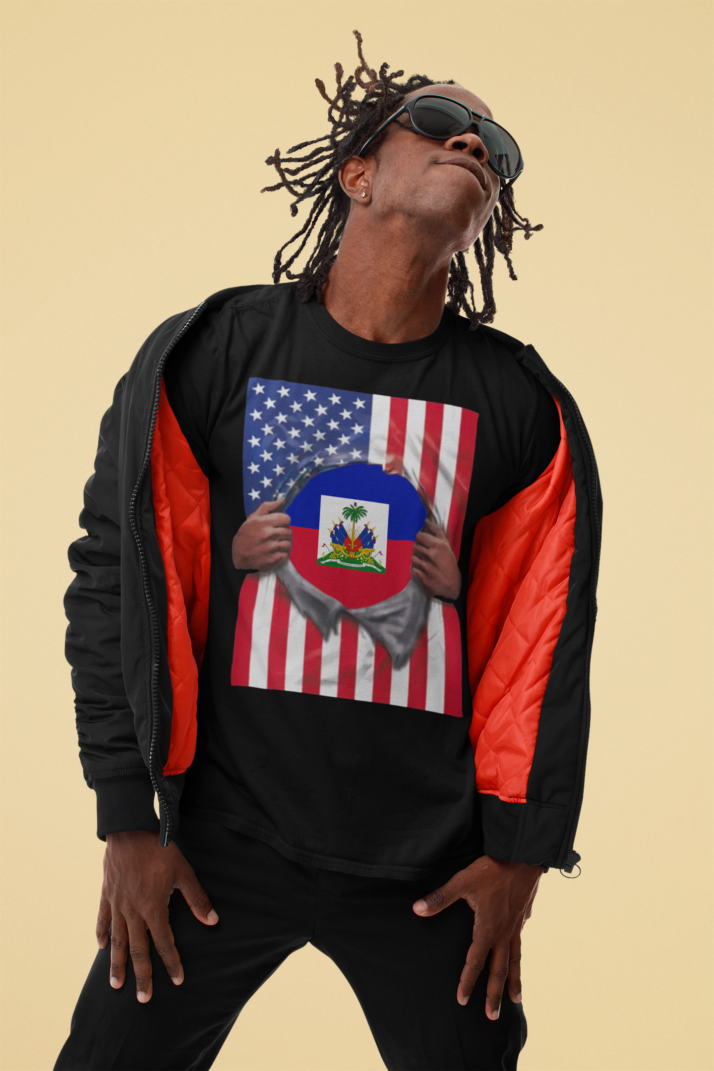 Haiti Flag + USA Flag Pride T-shirt | Haitian + American Flag Rip 4th Of July | Funny Viral Latino Tees | Unisex - 4 Colors