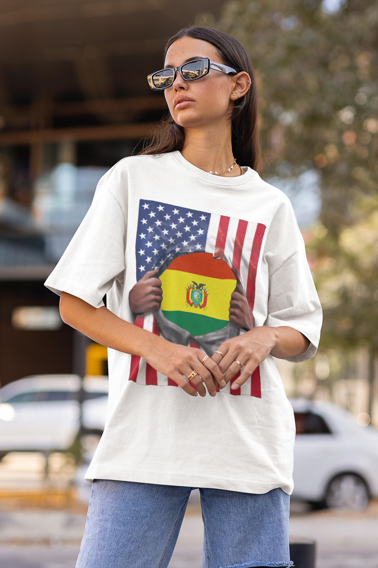 Bolivia Flag + USA Flag Pride T-shirt | Bolivian + American Flag Rip 4th Of July | Funny Viral Latino Tees | Unisex - 4 Colors