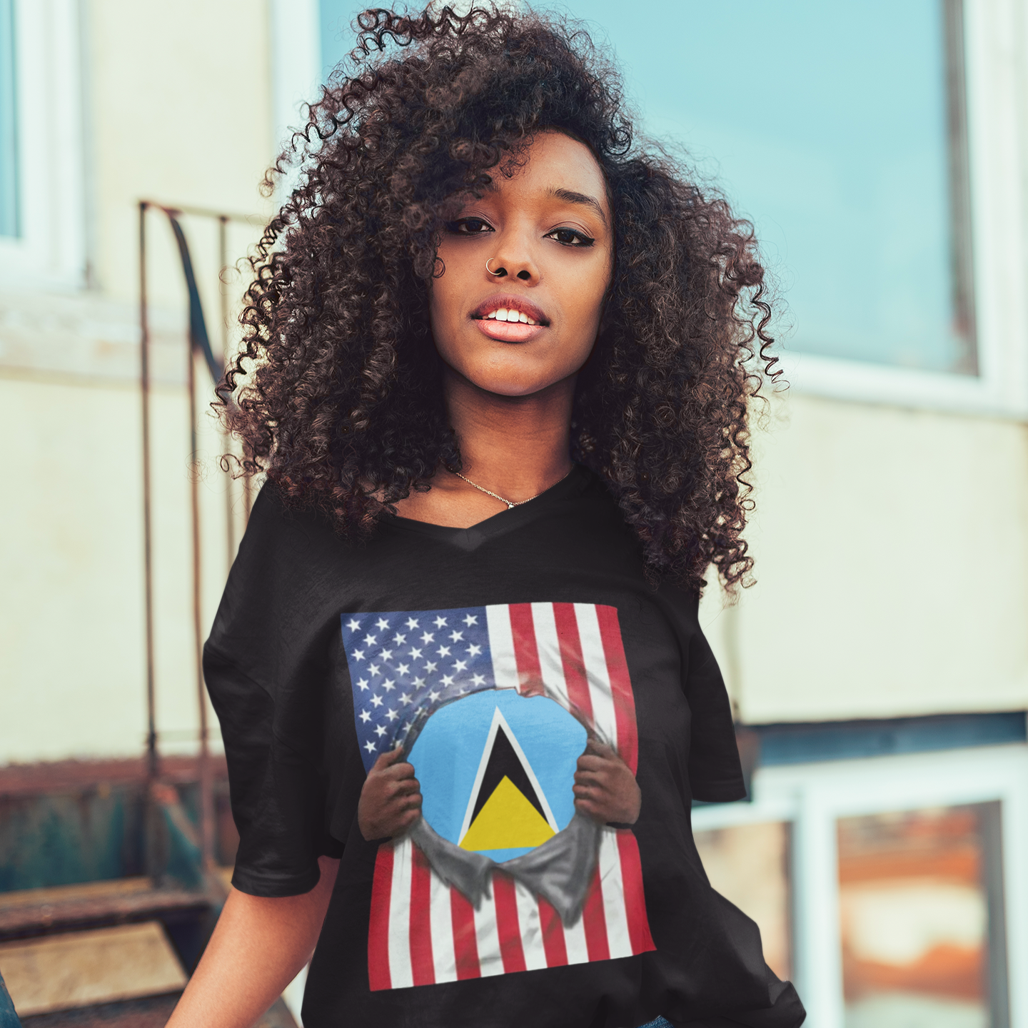 Saint Lucia + USA Flag T-shirt | St Lucian + American Flag Rip 4th Of July | Funny Latino Tees | 4 Colors