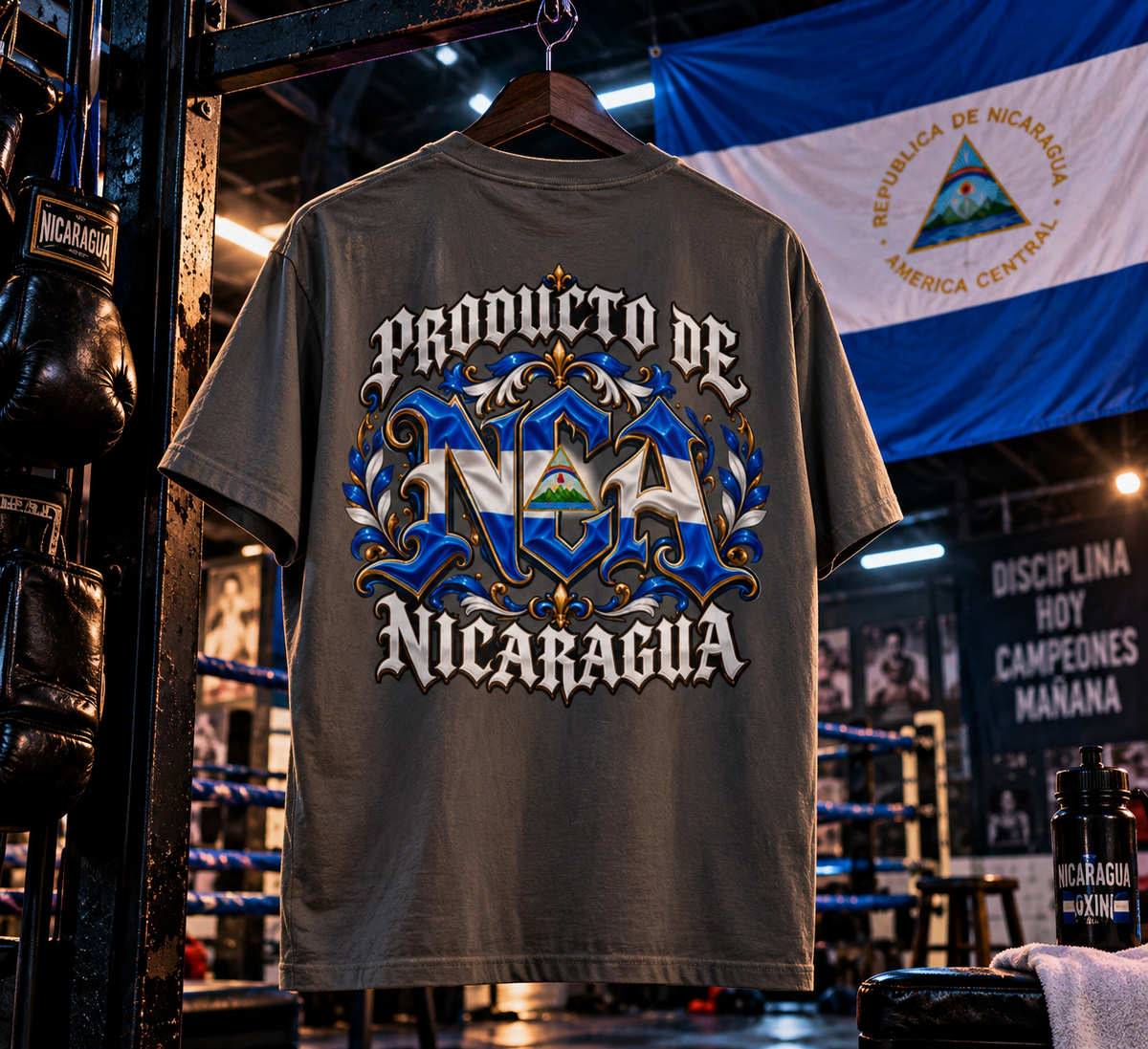 A gray graphic t-shirt hanging on a wooden hanger in a boxing gym, featuring a large 'Producto de Nicaragua' graphic with the Nicaraguan flag and coat of arms. A Nicaraguan flag hangs in the background.