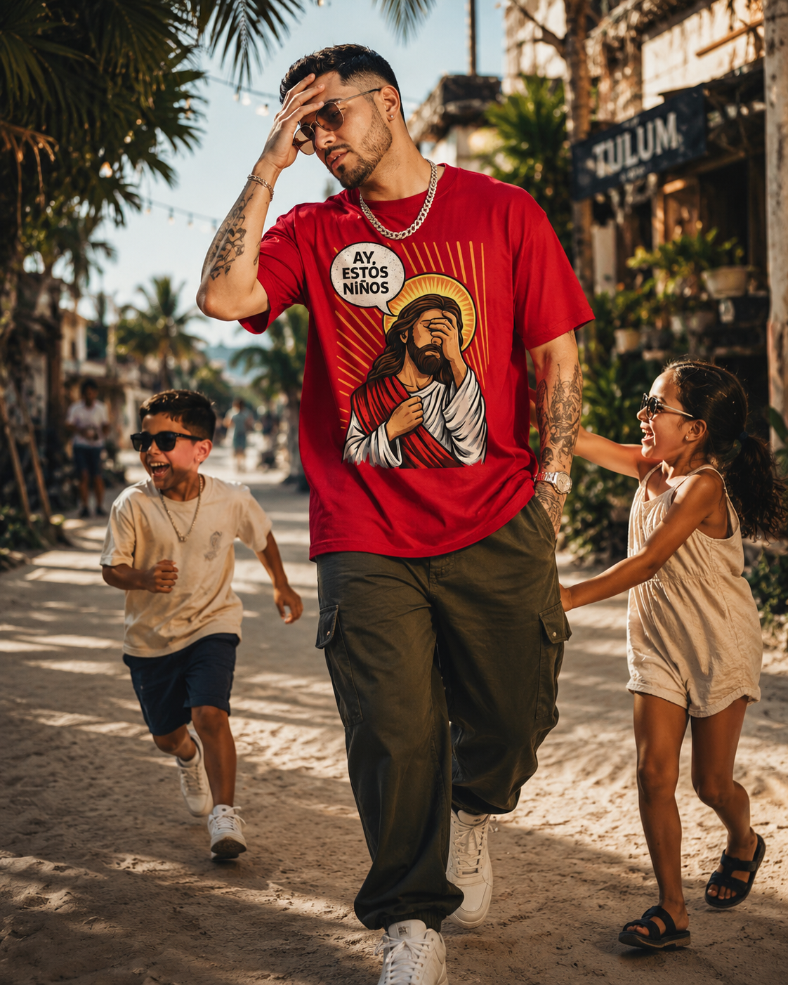 Man in a red t-shirt with graphic design walking with two children on a street.