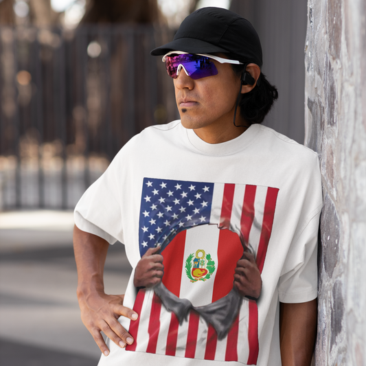 Peru Flag + USA Flag Pride T-shirt | Peruvian + American Flag Rip 4th Of July | Funny Viral Latino Tees | Unisex - 4 Colors