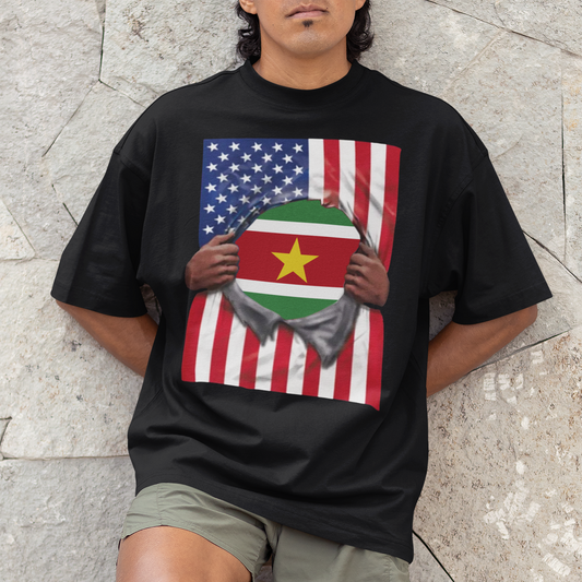 Suriname Flag + USA Flag Pride T-shirt | Surinamese + American Flag Rip 4th Of July | Funny Viral Latino Tees | Unisex - 4 Colors