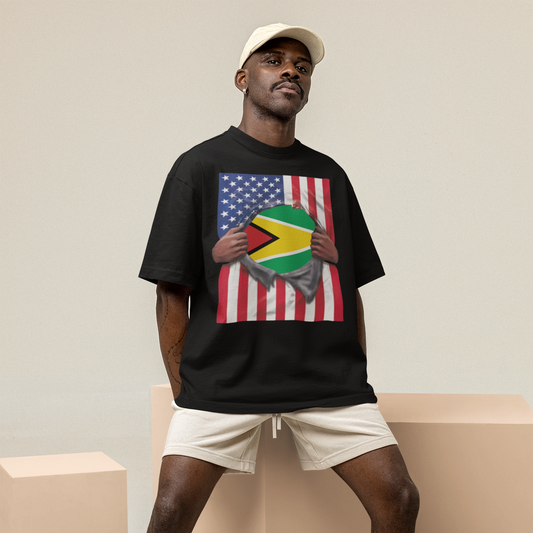 Guyana Flag + USA Flag Pride T-shirt | Guyanese + American Flag Rip 4th Of July | Funny Viral Latino Tees | Unisex - 4 Colors