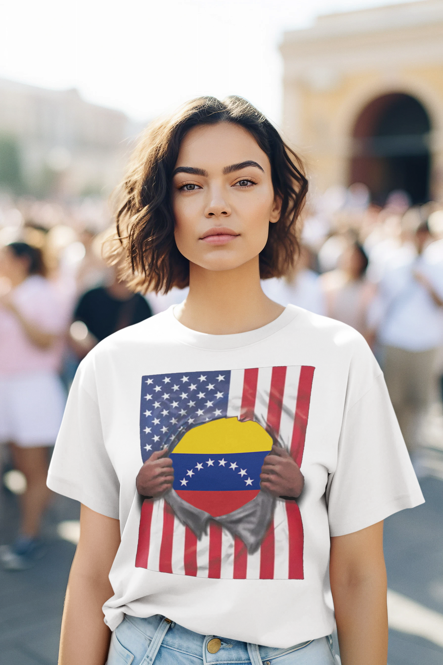 Venezuela Flag + USA Flag Pride T-shirt | Venezuelan + American Flag Rip 4th Of July | Funny Viral Latino Tees | Unisex - 4 Colors