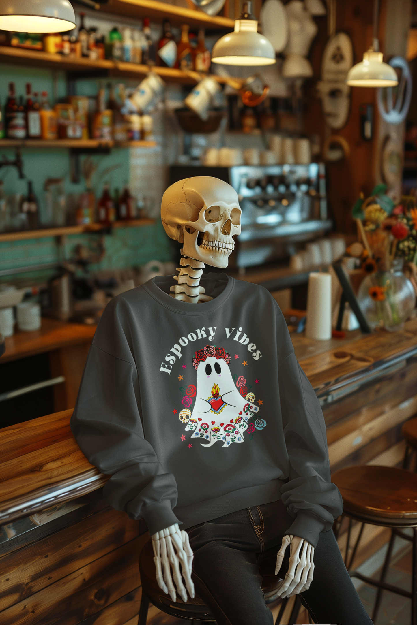 Espooky Vibes - Vibras Spooky Ghost Crewneck Sweater | Halloween, Boo Scary Spooky Horror Costume Latino | 3 Colors - Unisex