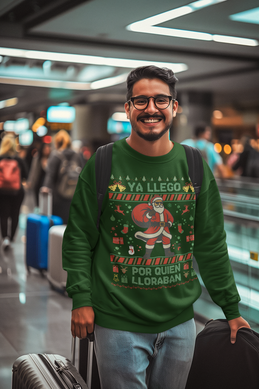 Ya Llegó Por Quien Lloraban Knit-Style Santa Christmas Crewneck Sweater | Funny Spanish Latino | 3 Colors