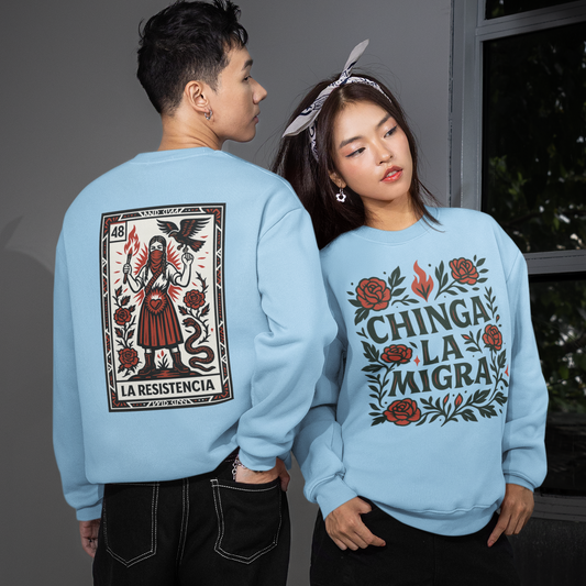 La Resistencia Double Sided Comfy Fleece-Lined Crewneck Sweatshirt | Chinga La Migra Protest Immigration Abolish Ice Justice | Latino Pride