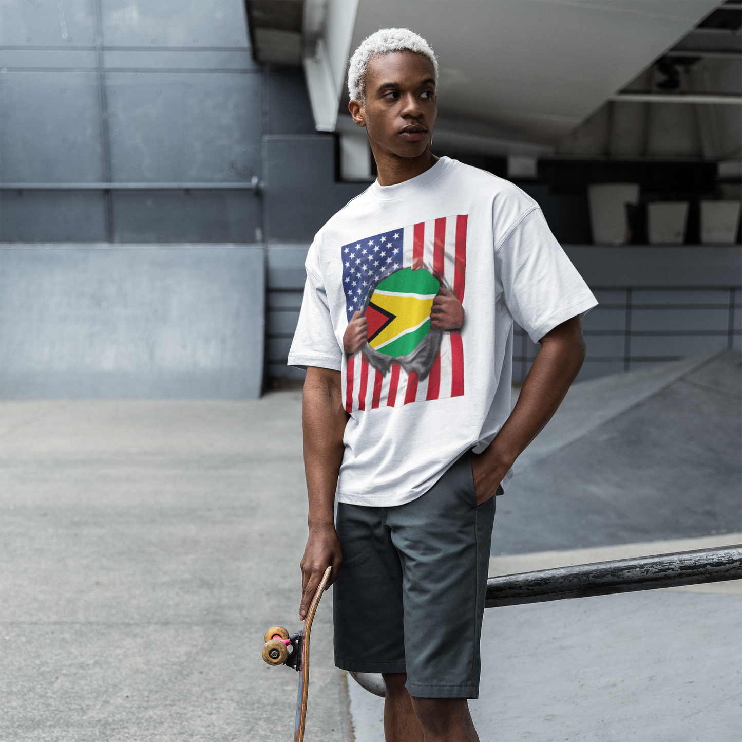 Guyana Flag + USA Flag Pride T-shirt | Guyanese + American Flag Rip 4th Of July | Funny Viral Latino Tees | Unisex - 4 Colors