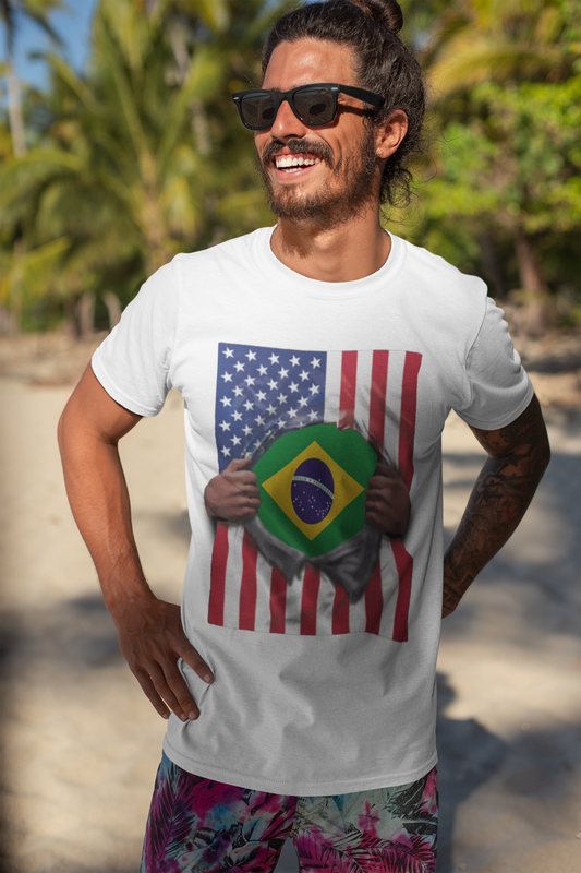 Brazil Flag + USA Flag Pride T-shirt | Brazilian + American Flag Rip 4th Of July | Funny Viral Latino Tees | Unisex - 4 Colors