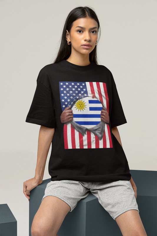 Uruguay Flag + USA Flag Pride T-shirt | Uruguayan + American Flag Rip 4th Of July | Funny Viral Latino Tees | Unisex - 4 Colors