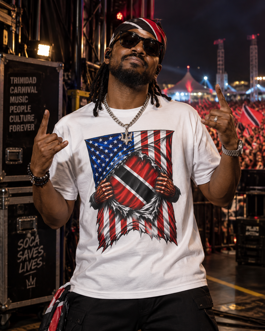 A man at a night music festival wearing a white graphic t-shirt with a distressed American flag design that reveals the flag of Trinidad and Tobago. He is wearing sunglasses, a silver chain necklace with a pendant, and making hand gestures.