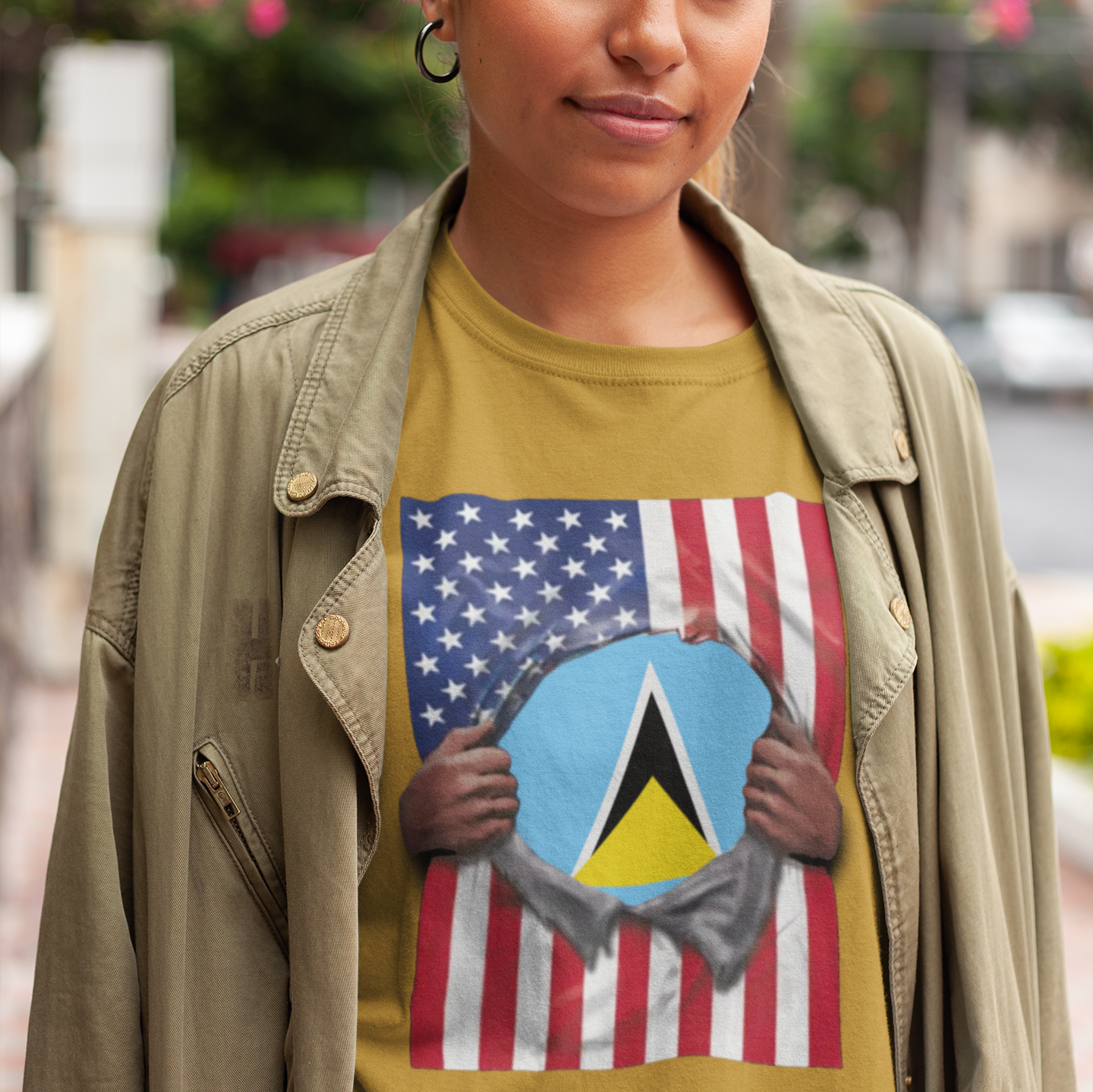 Saint Lucia + USA Flag T-shirt | St Lucian + American Flag Rip 4th Of July | Funny Latino Tees | 4 Colors