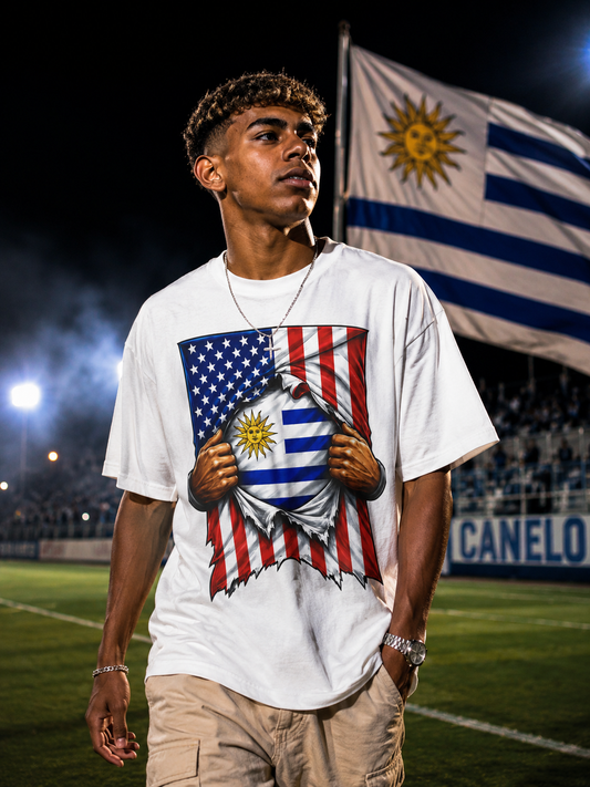 Uruguay Flag + USA Flag Heritage T-shirt | Uruguayan + American Culture Flag Rip 4th Of July | Funny Latino Tees | Heavyweight Cotton